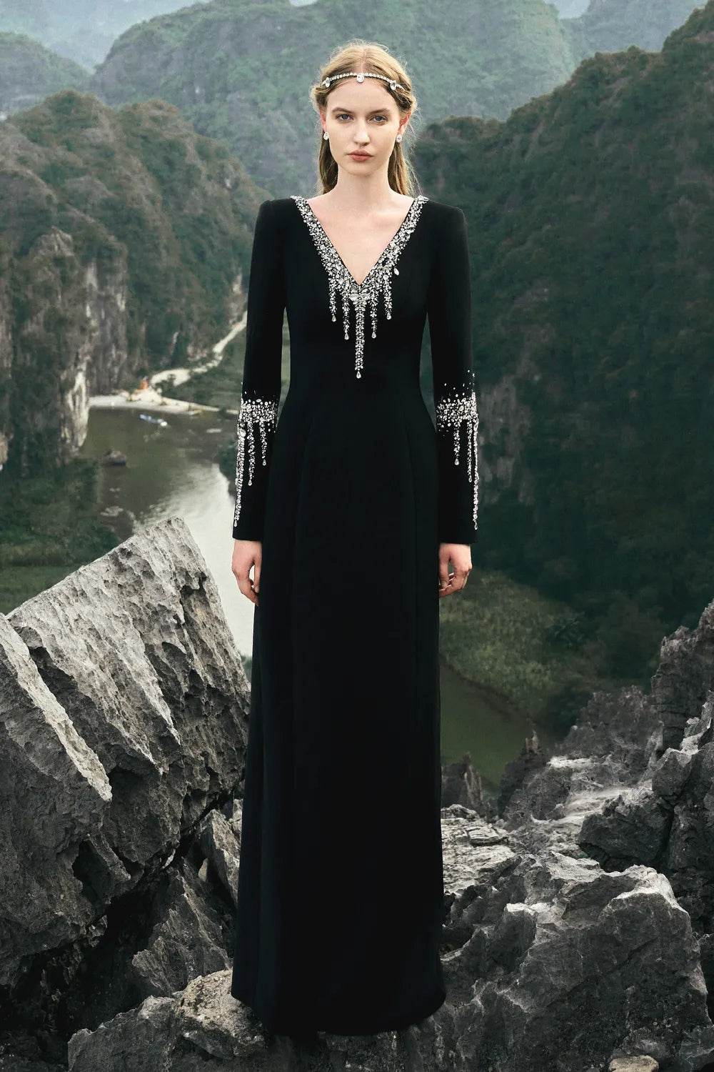 V-Neck Back Slit Dress With Stone Embellishments - TRACY COUTURE