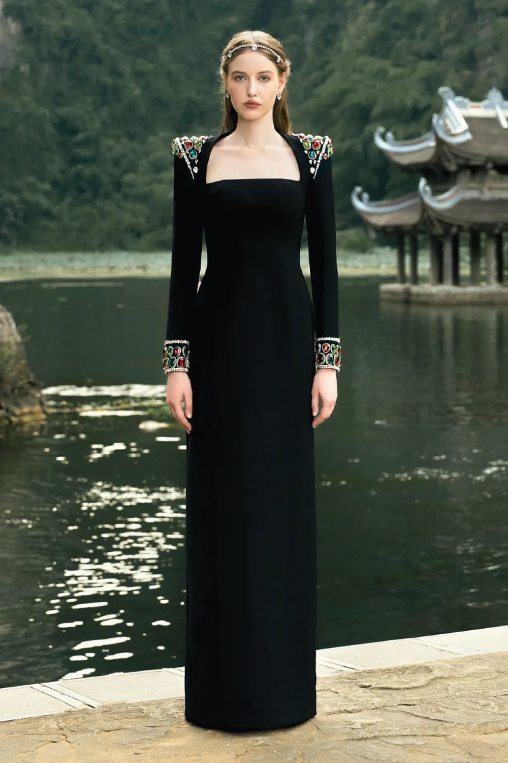 Long Sleeve Stone Embellished Shoulder Dress - TRACY COUTURE