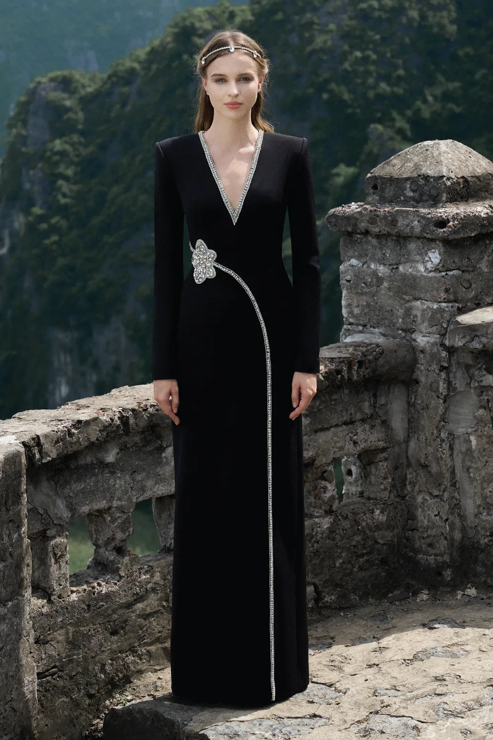 Stone Orchid Embellished V-Neck Dress - TRACY COUTURE