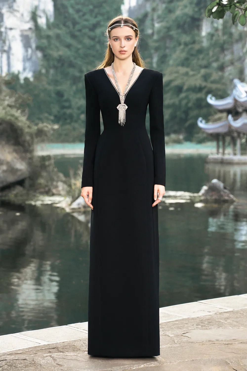 Long Sleeve Back Slit Dress - TRACY COUTURE