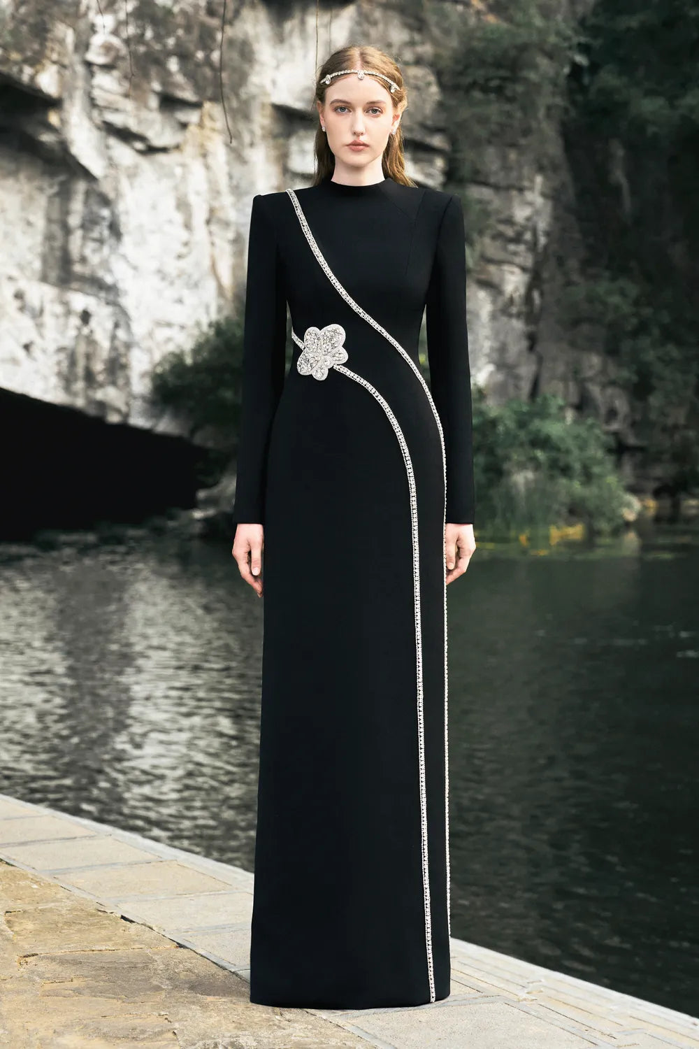 Stone Embellished Padded Shoulder Dress - TRACY COUTURE