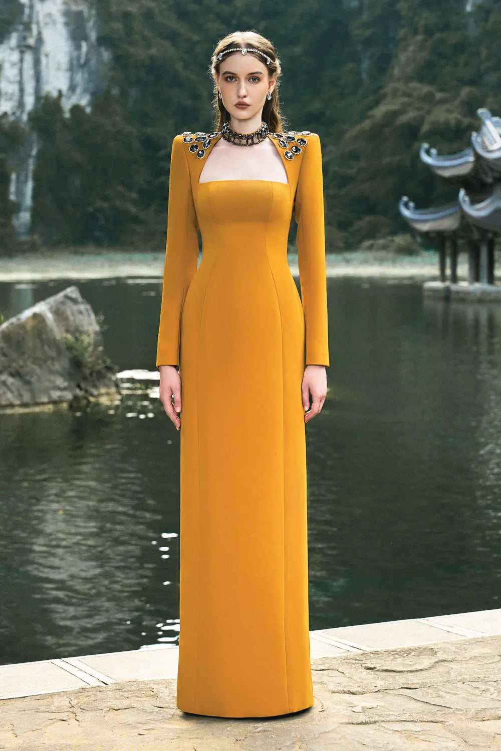 Choker Shoulder Stone Embellished Dress - TRACY COUTURE