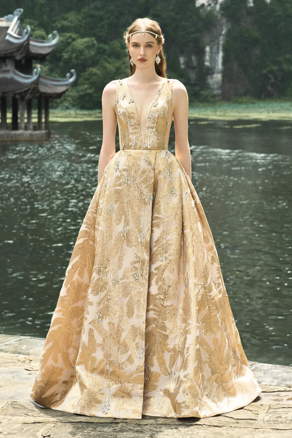 Sleeveless Deep V-Neck Dress - TRACY COUTURE