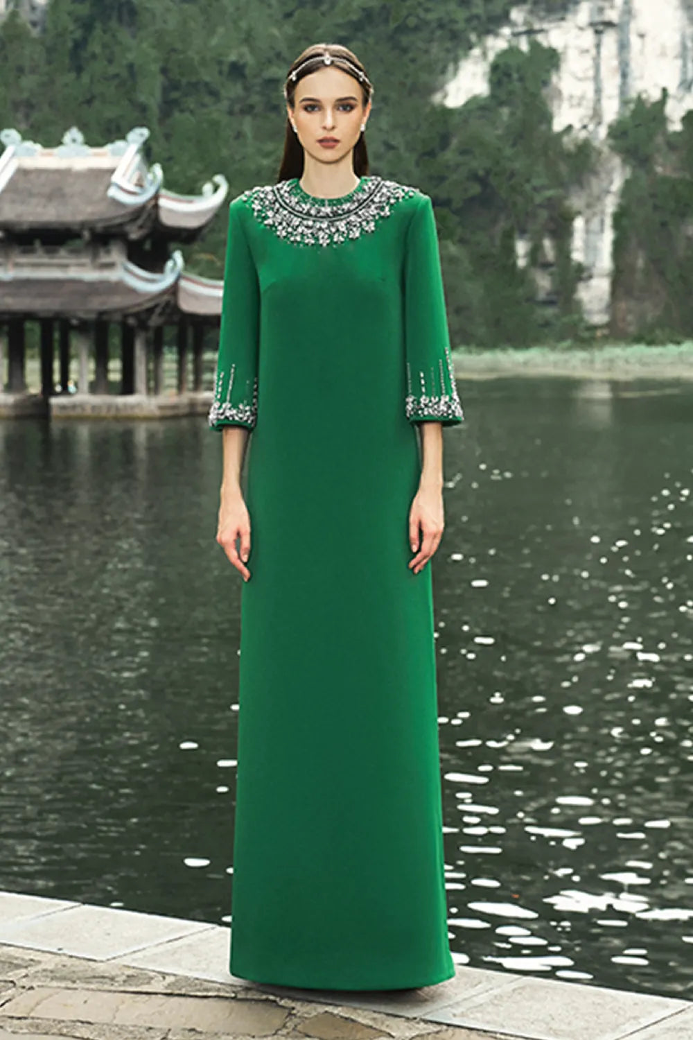 Middle Sleeve Stone Embellished Dress