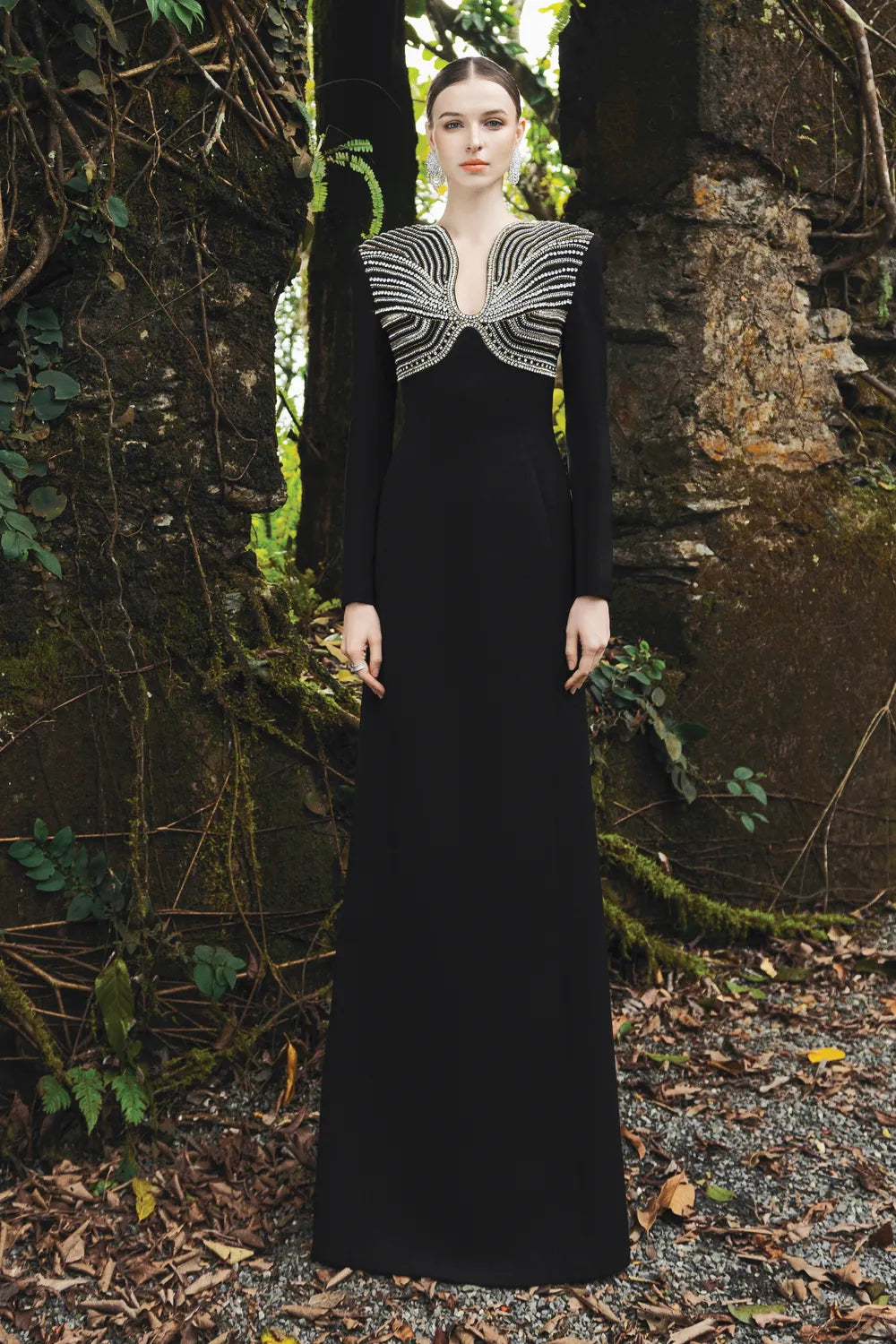 Long Sleeve Crystal Embellished Chest Dress