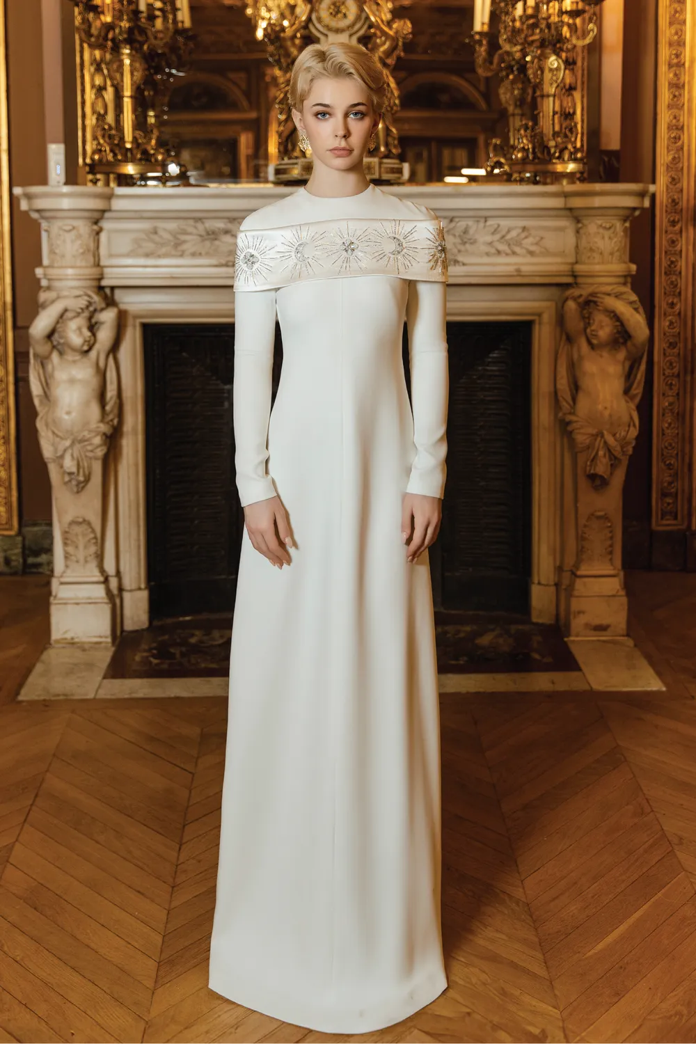 Round Neck Shoulder Crystal Embellished Dress