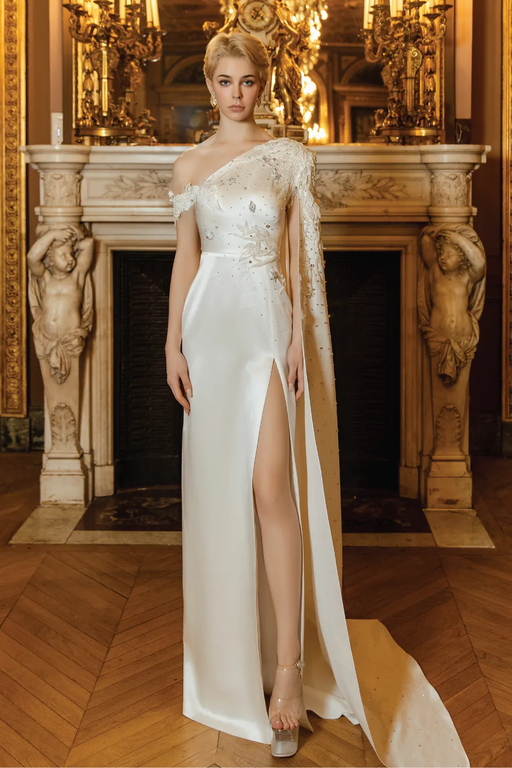 Asymmetric Sleeve Side Slit Dress