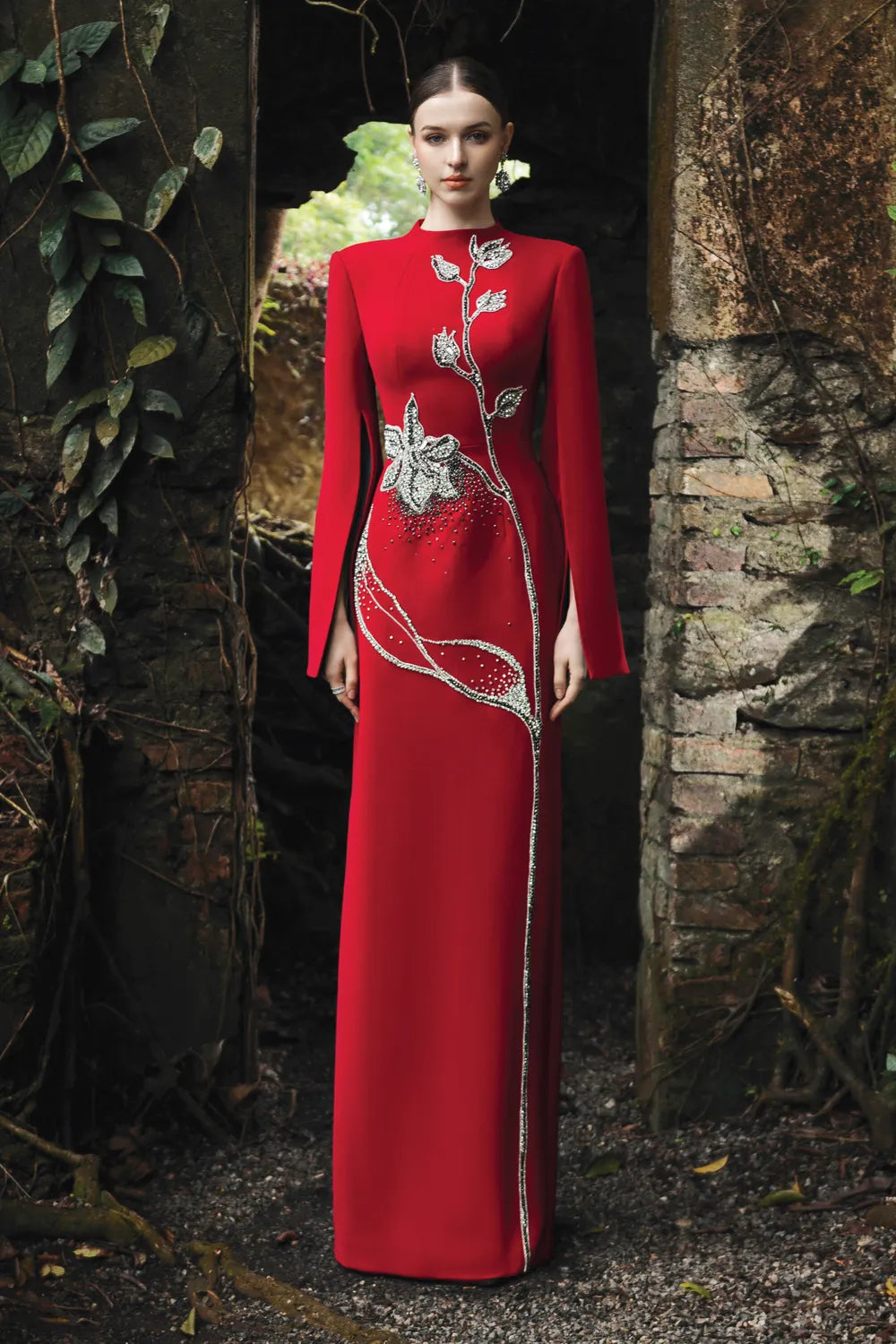 Cape Sleeve Crystal Embellished Dress