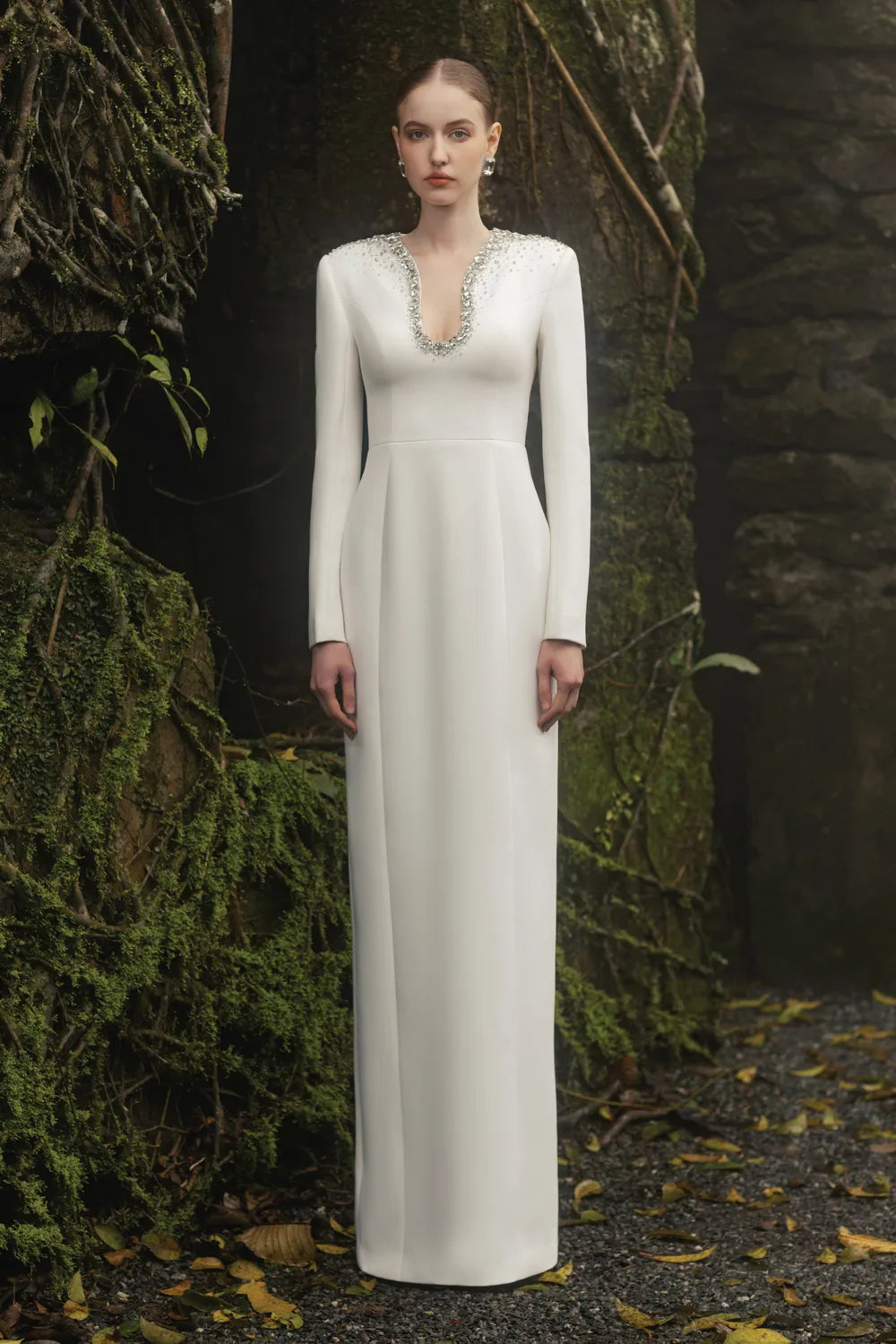 Crystal-Embellished Curved Neck Dress