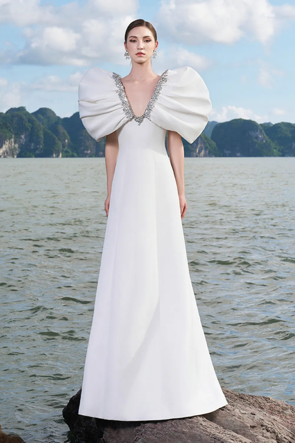 Puffy Gathered Sleeves Deep V-Neck Dress