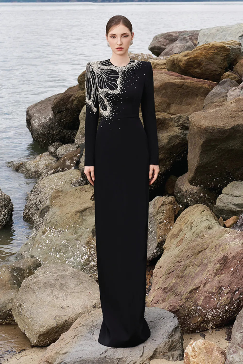 One Side Floral Crystal Embellishment Long Sleeves Dress