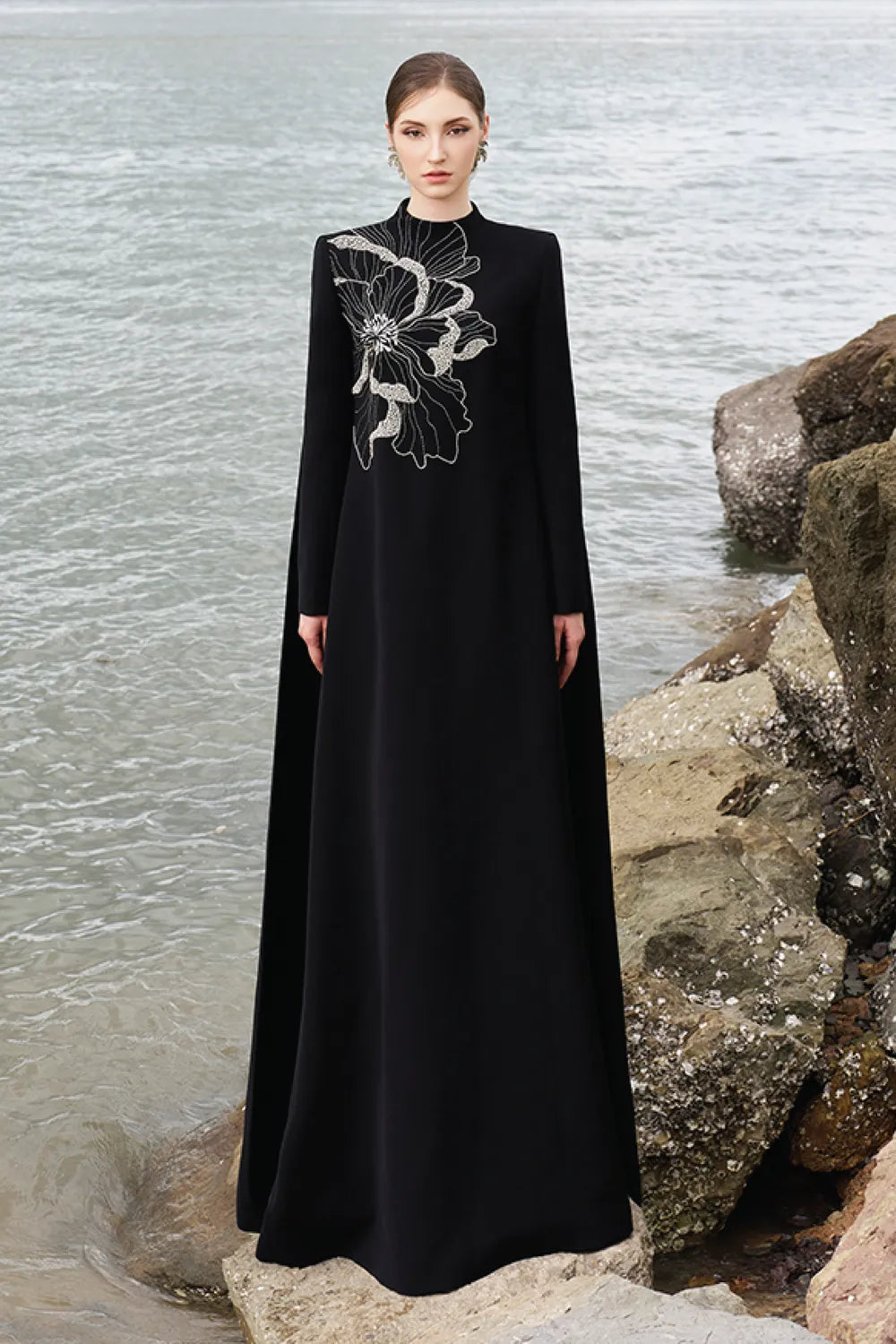 High Neck Long Back Flap Dress