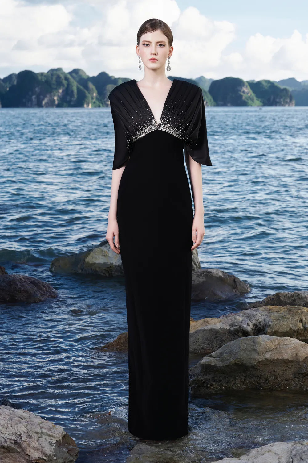 Flared Sleeves Deep V-Neck Dress