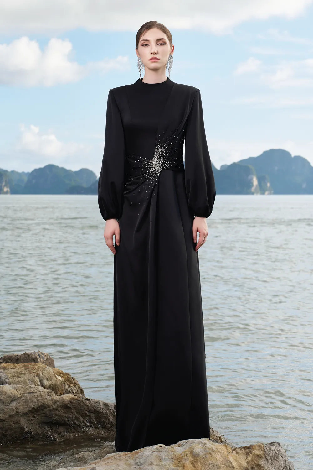 Long Puffy Sleeves Diagonal Gathered Dress