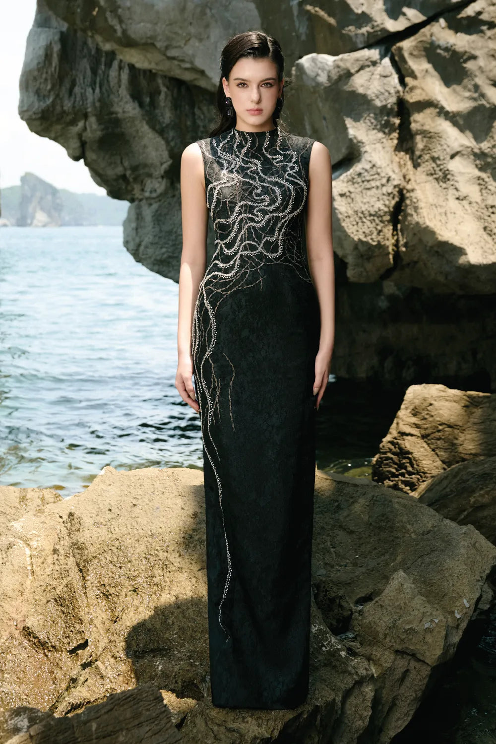 High Neck Crystal Embellished Straight Dress