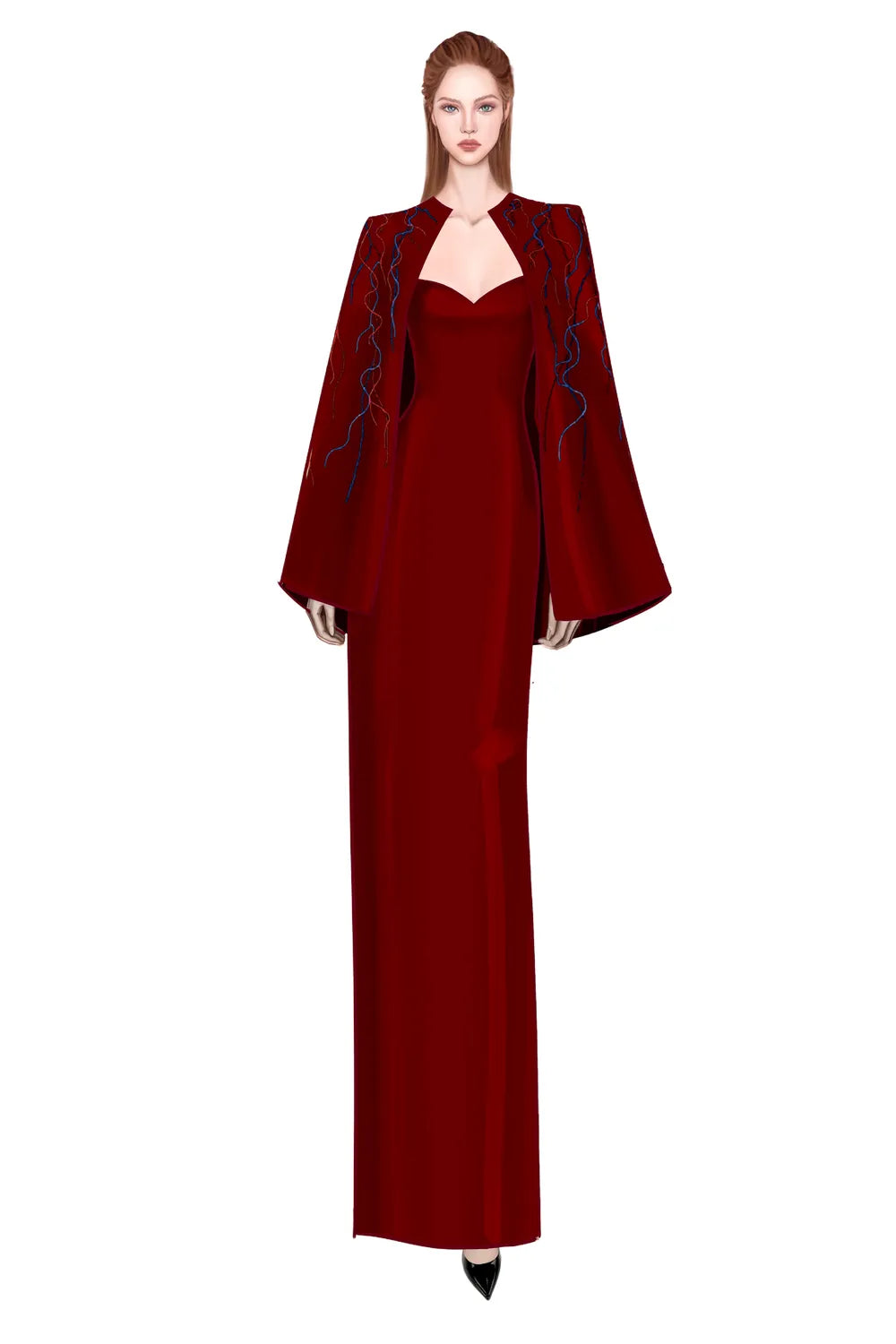Wavy Crystal Embellished Flared Short Cape And Heart Chest Straight Dr –  TRACY COUTURE