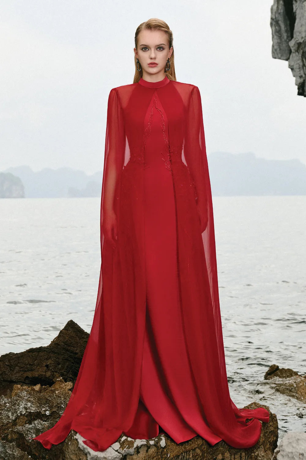 Long See-Through Cape Flared Dress