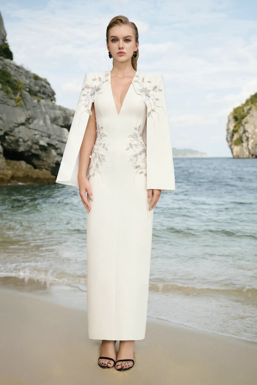 Cape Sleeves V-Neck Midi Dress