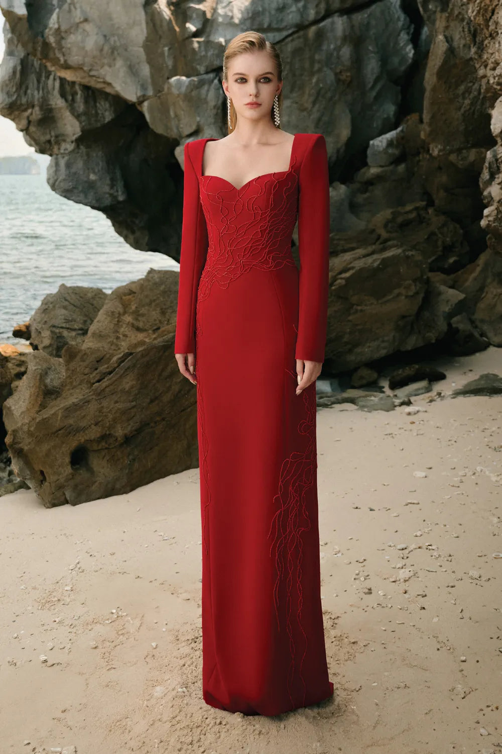 Queen Anne Neckline Crystal Embellished Dress TRACY COUTURE Queen Anne Neckline Crystal Embellished Dress TRACY COUTURE