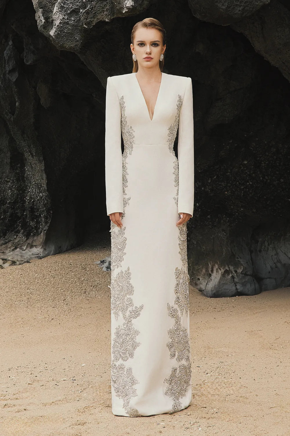 V-Neck Symmetric Sided Crystal Embellished Dress