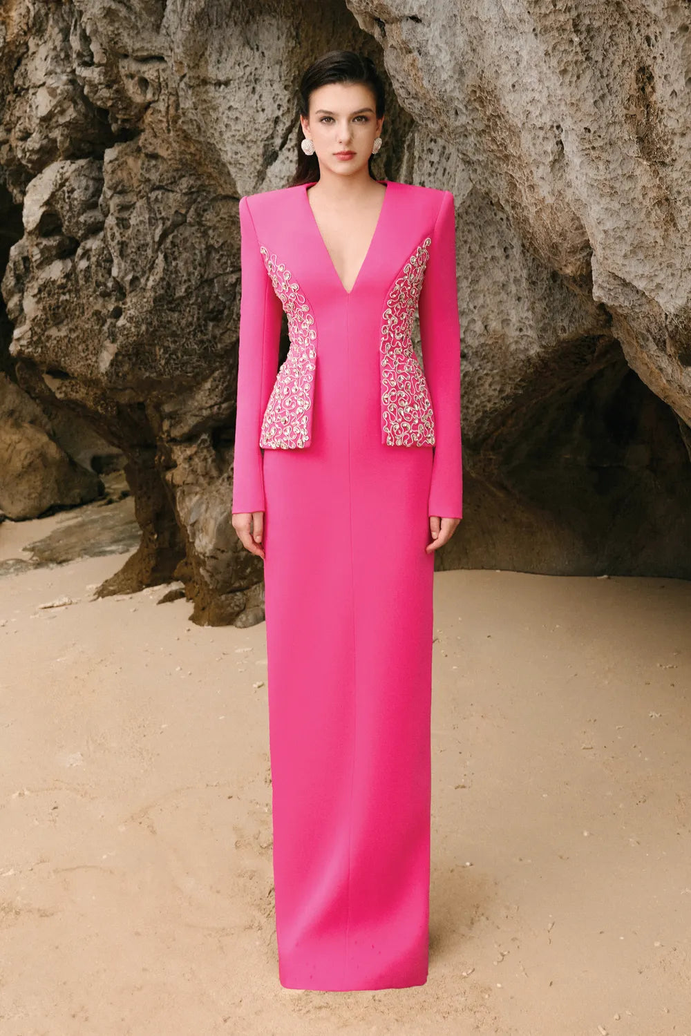 Deep V-Neck Crystal Embellished Flap Straight Dress