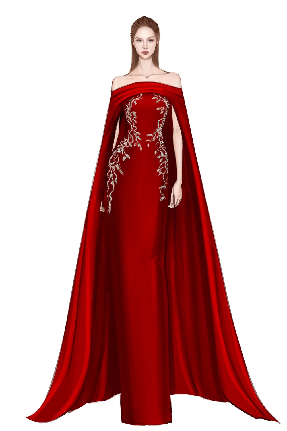 Curved Draped Off Shoulder With Long Sleeve Cape Dress – TRACY COUTURE