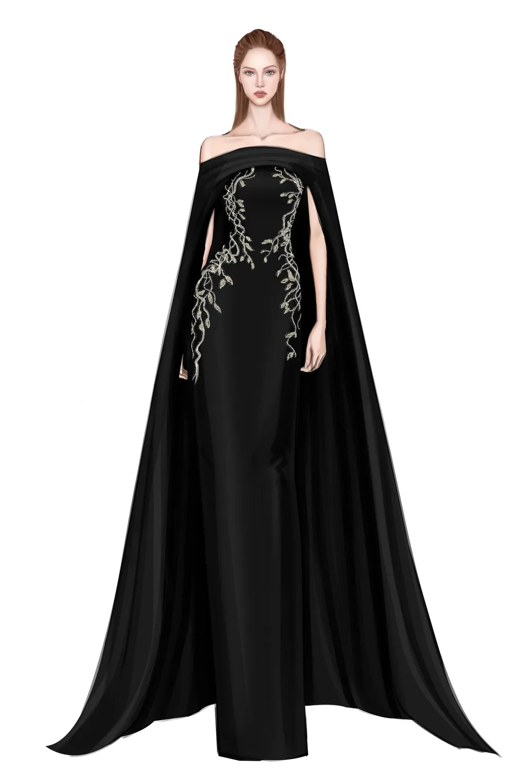 Curved Draped Off Shoulder With Long Sleeve Cape Dress – TRACY COUTURE