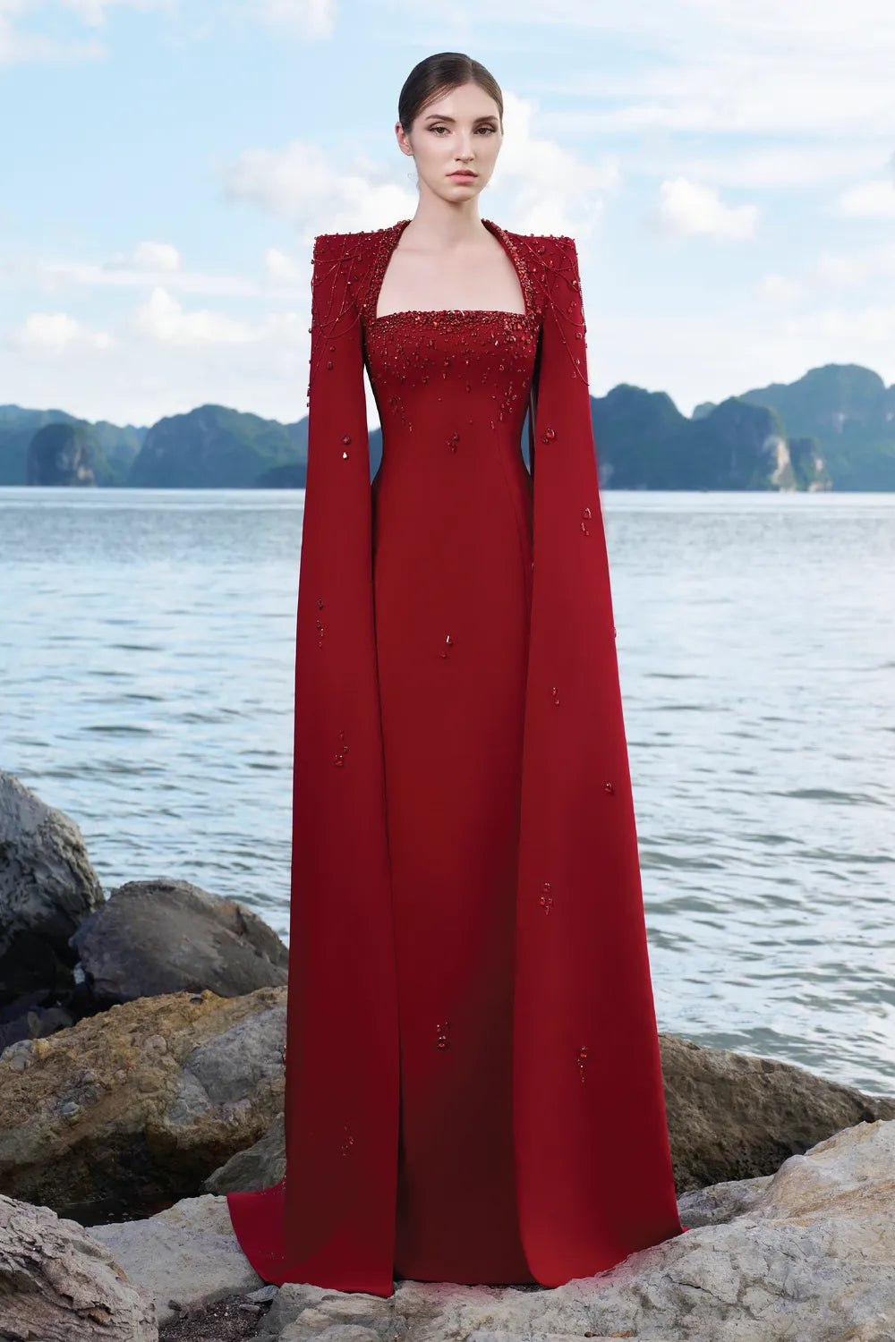 Long Cape Sleeves Floor Length Dress