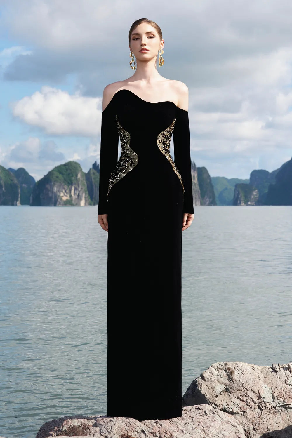 Wavy Off Shoulder Floor Length Dress