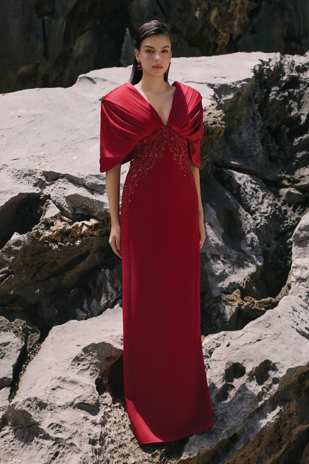 Deep V-Neck Short Cape Sleeves Dress TRACY COUTURE Deep V-Neck Short Cape Sleeves Dress TRACY COUTURE