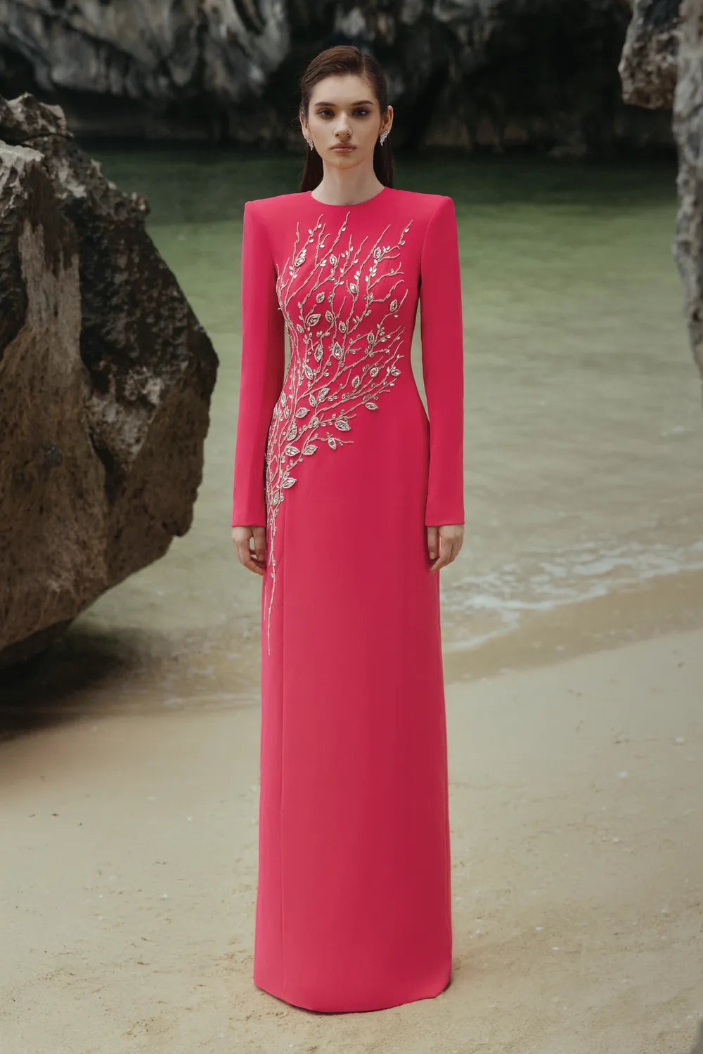 Padded Shoulder Crystal Embellished Straight Dress