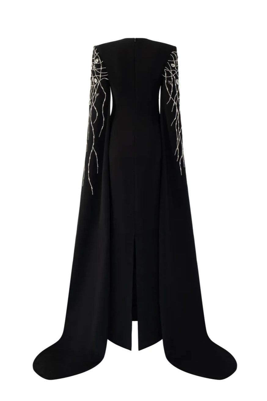 Crystal Embellished Sleeves Slit Long Cape