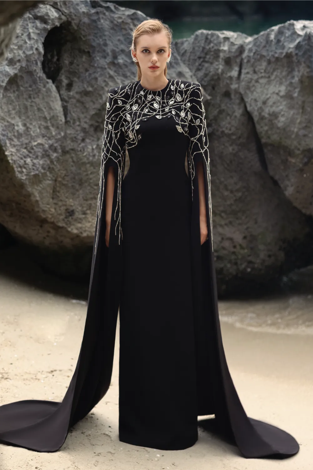 Crystal Embellished Sleeves Slit Long Cape
