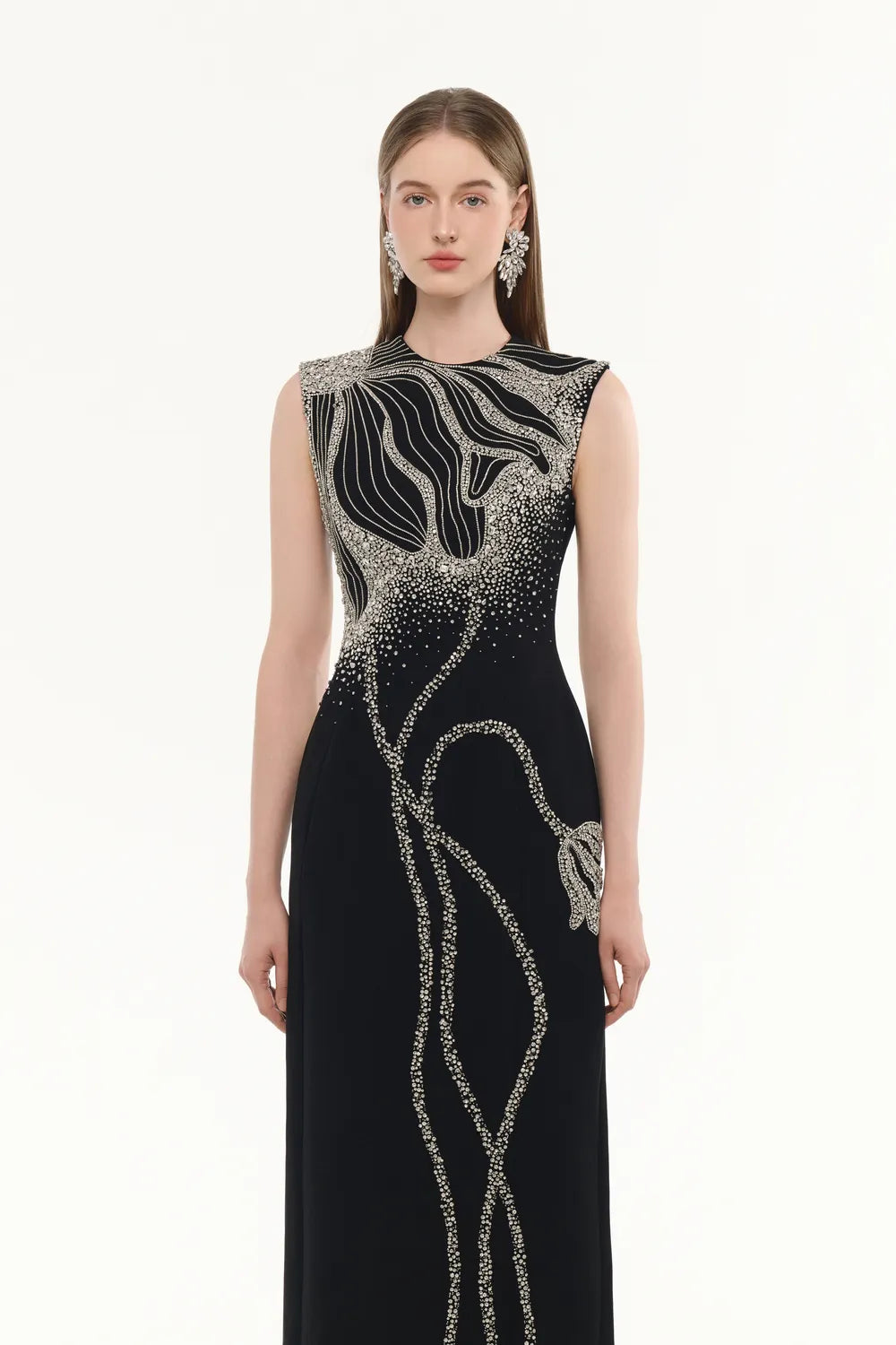 Floral Branches Crystal Embellished Straight Dress - TRACY COUTURE