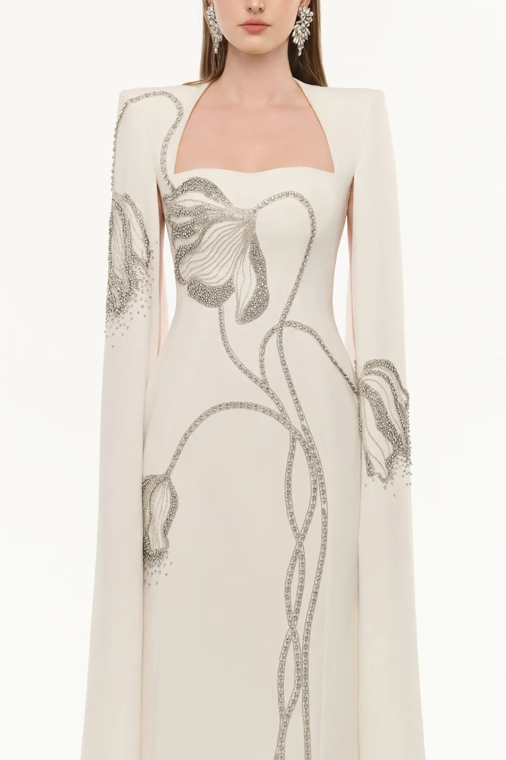 Trapezium Neck Floral Branches Crystal Embellished Dress - TRACY COUTURE