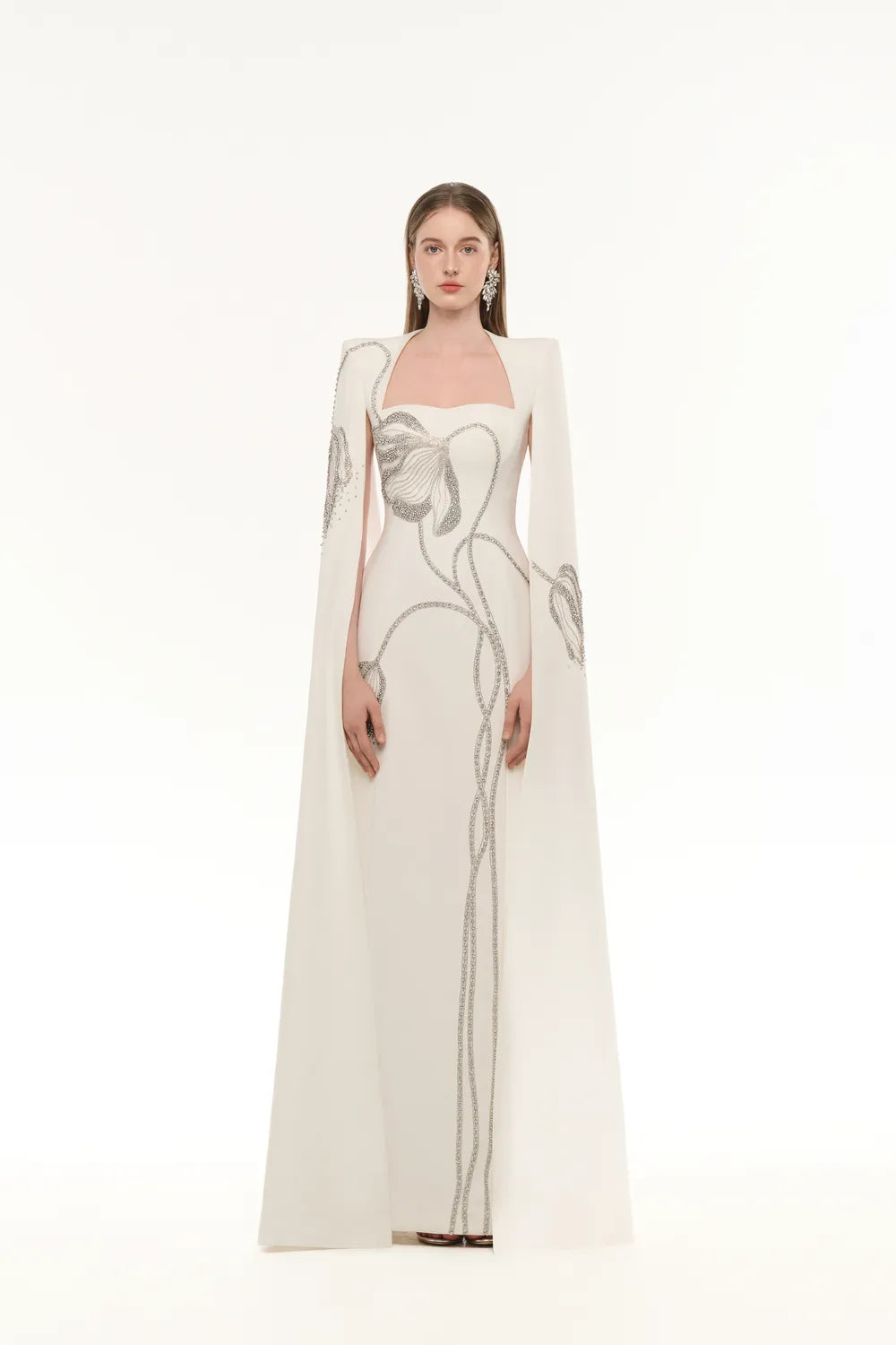 Trapezium Neck Floral Branches Crystal Embellished Dress - TRACY COUTURE