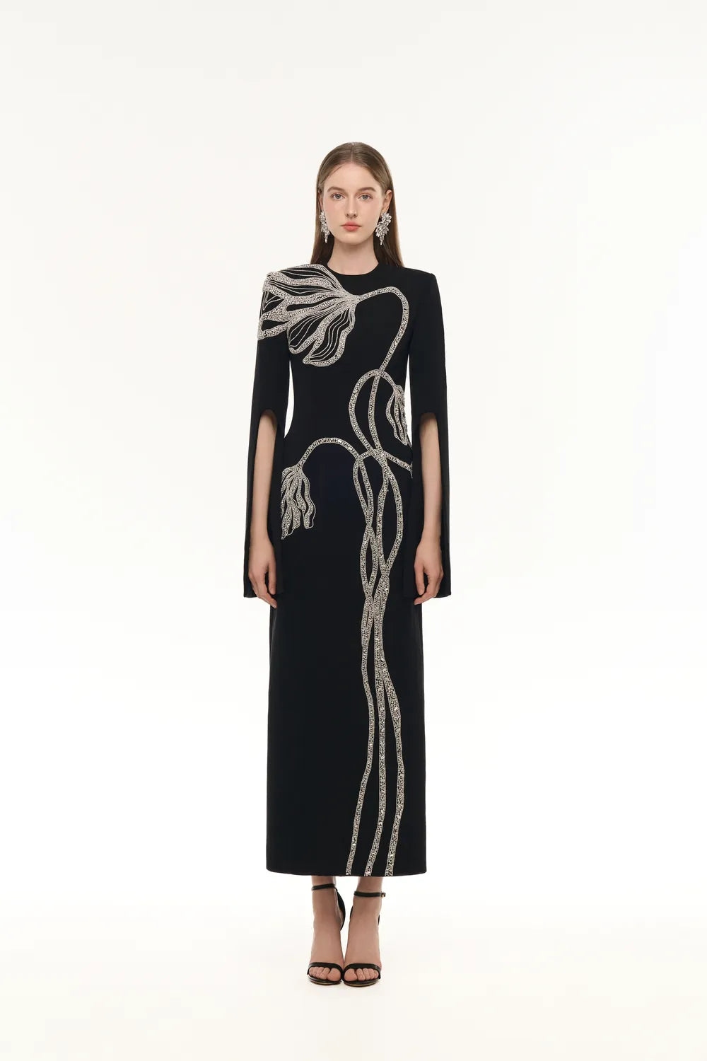 Flared Sleeve Floral Branches Crystal Embellished Dress - TRACY COUTURE