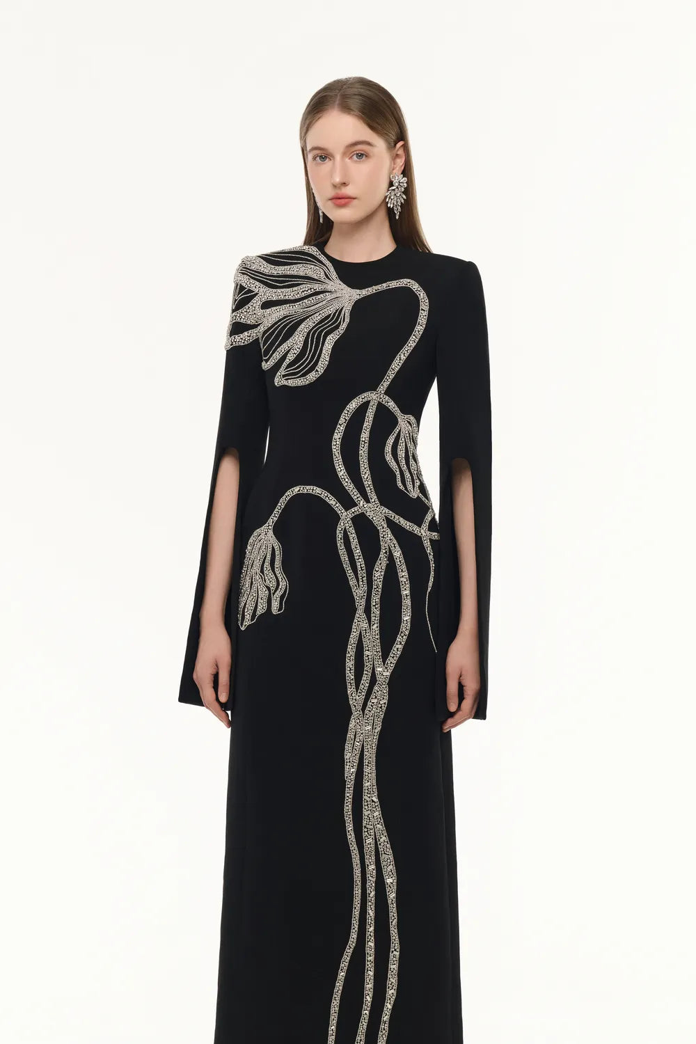 Flared Sleeve Floral Branches Crystal Embellished Dress - TRACY COUTURE