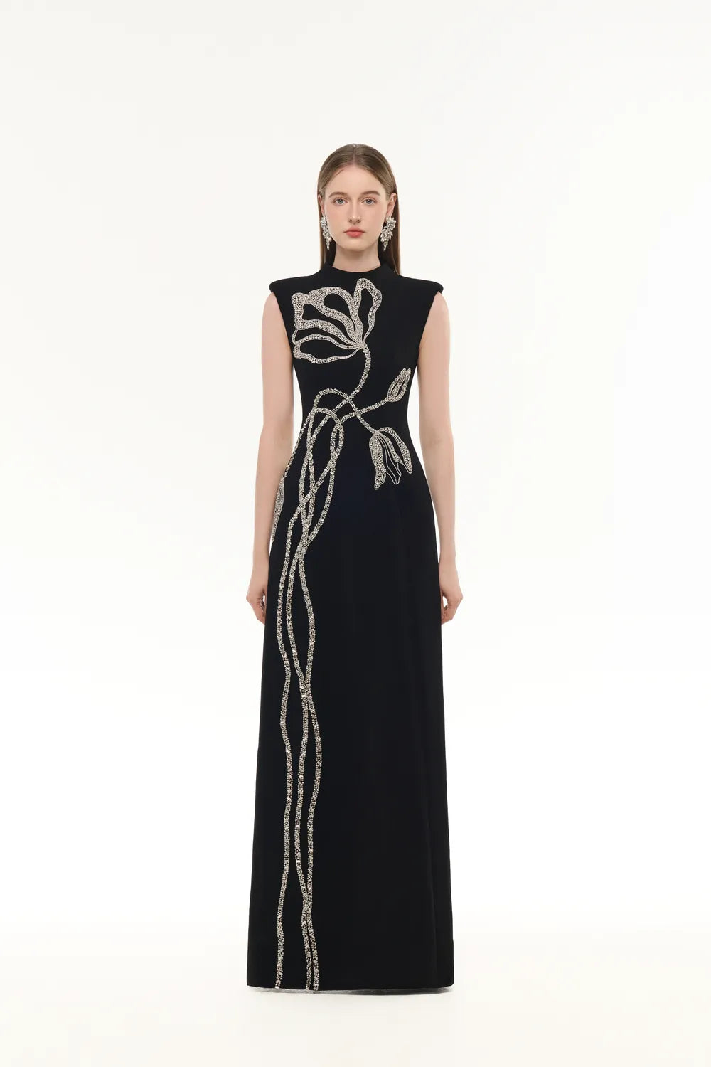 Sleeveless Floral Branches Crystal Embellished Dress - TRACY COUTURE