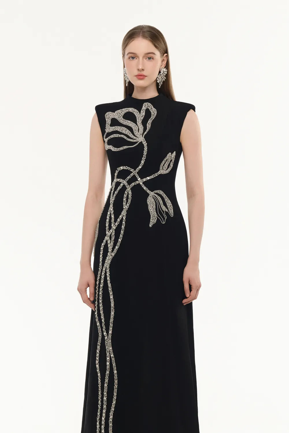 Sleeveless Floral Branches Crystal Embellished Dress - TRACY COUTURE