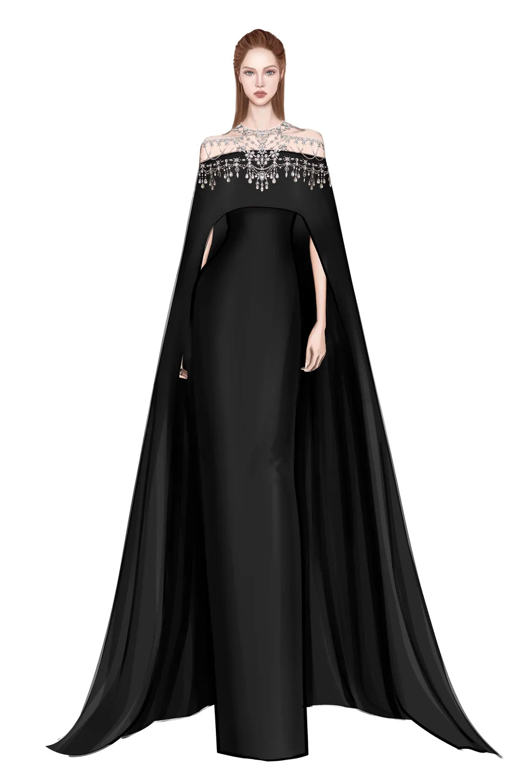 Crystal-Embellished See-Through Shoulder Long Flap Dress
