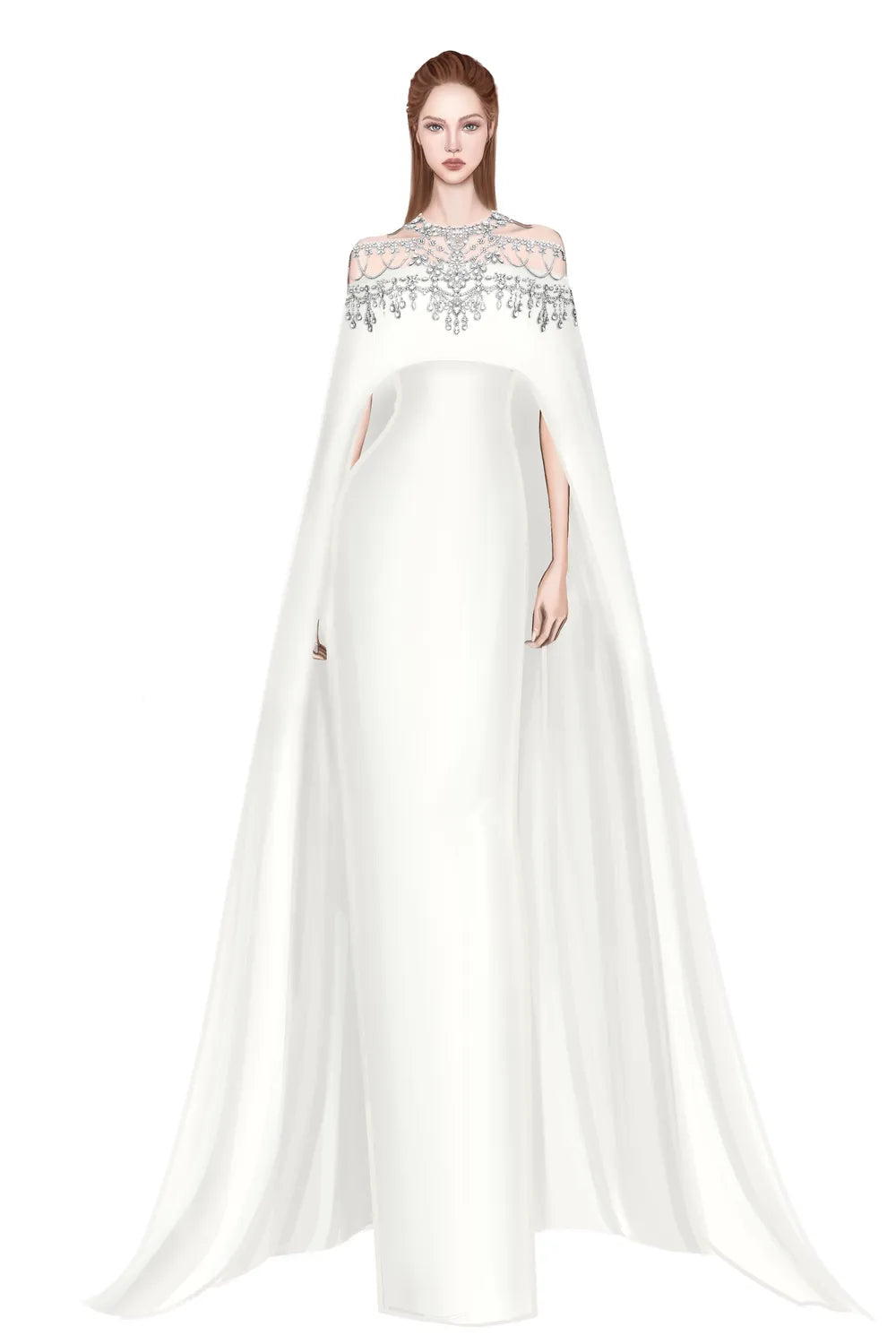 Crystal-Embellished See-Through Shoulder Long Flap Dress
