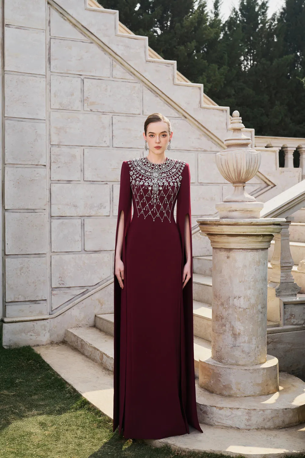 Long Cape Sleeve Stylized Crystal-Embellished Dress