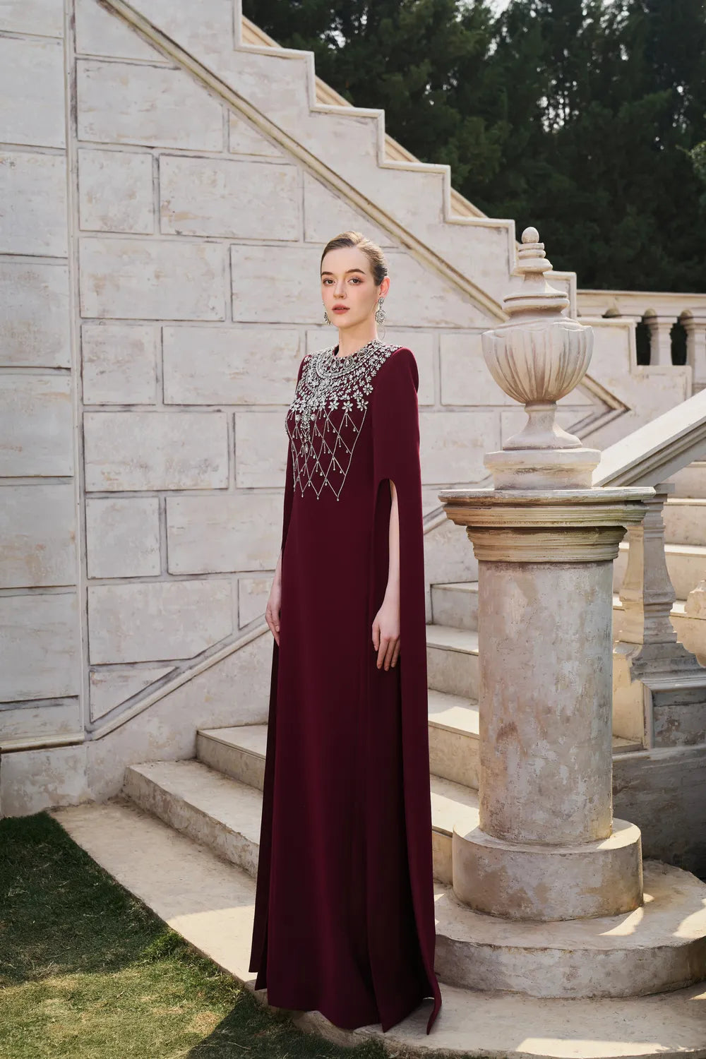 Long Cape Sleeve Stylized Crystal-Embellished Dress