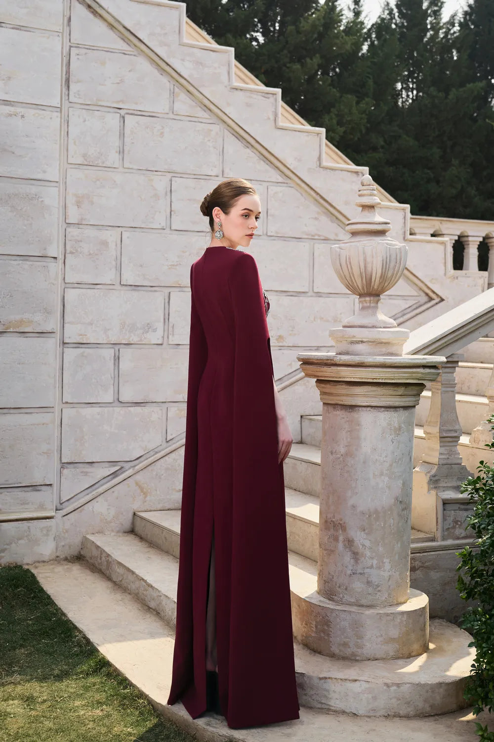 Long Cape Sleeve Stylized Crystal-Embellished Dress