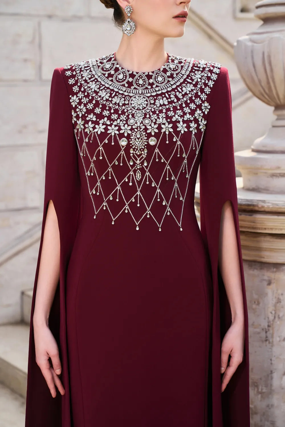 Long Cape Sleeve Stylized Crystal-Embellished Dress