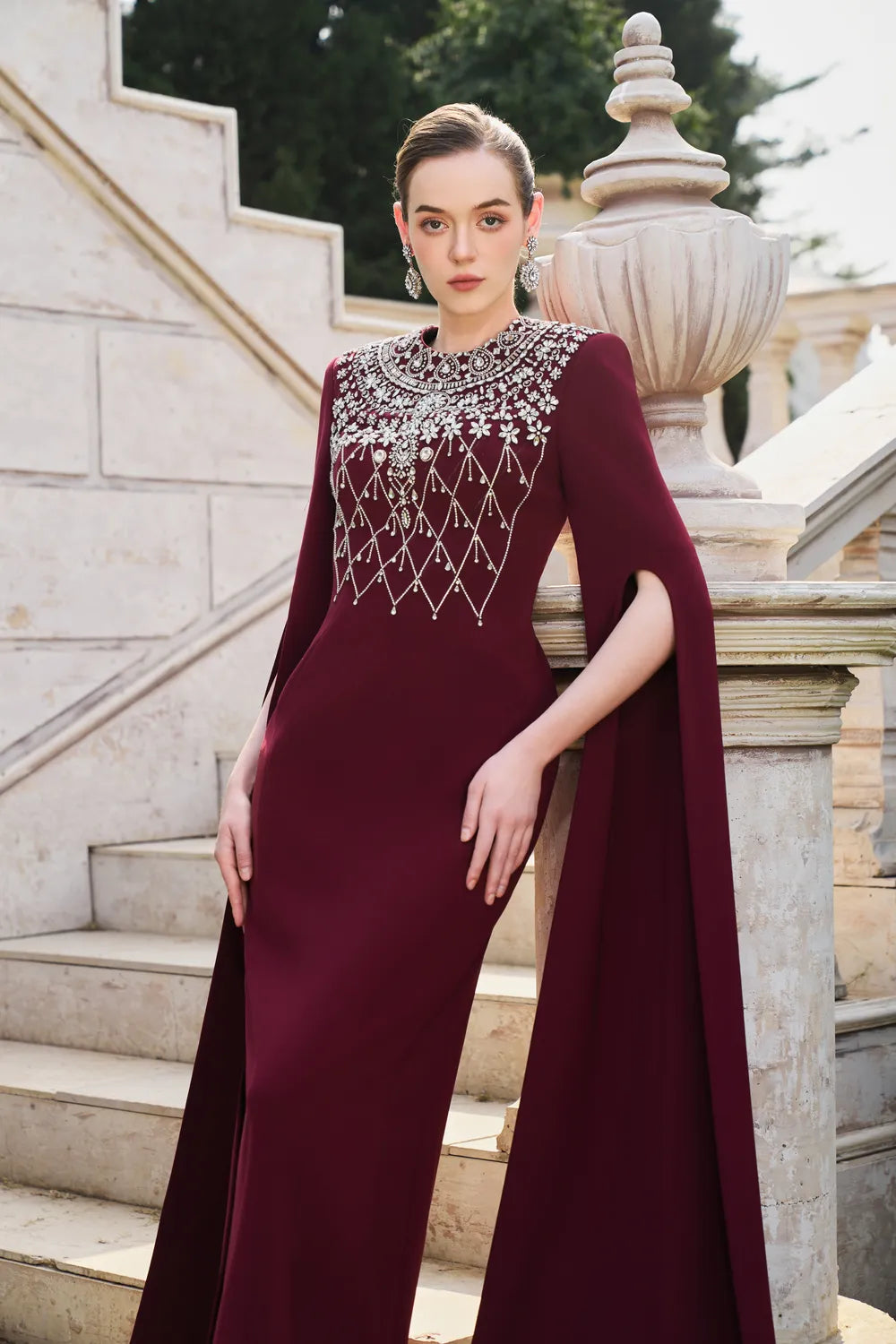 Long Cape Sleeve Stylized Crystal-Embellished Dress