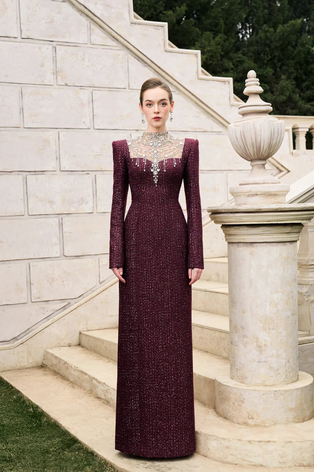 High Neck Stylized Crystal-Embellished Dress