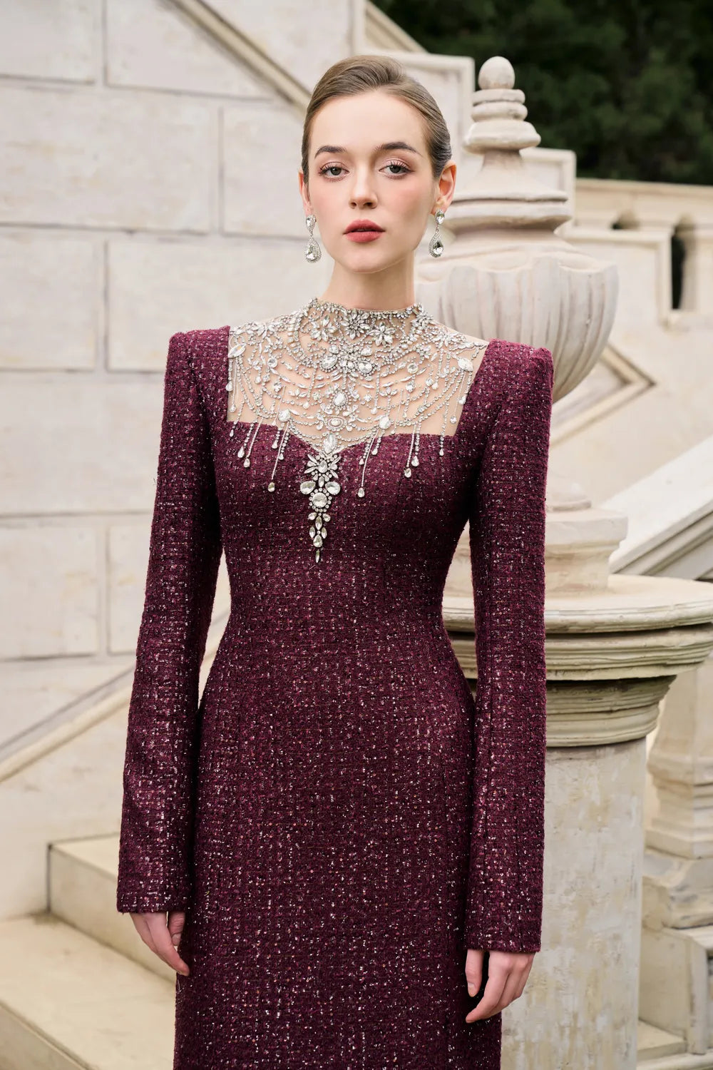 High Neck Stylized Crystal-Embellished Dress