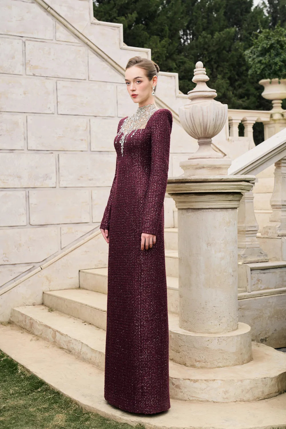 High Neck Stylized Crystal-Embellished Dress